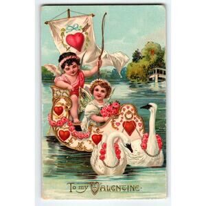 Antique Valentine Postcard Cupid & Girl in Swan Boat – Germany - Gel Brillant
